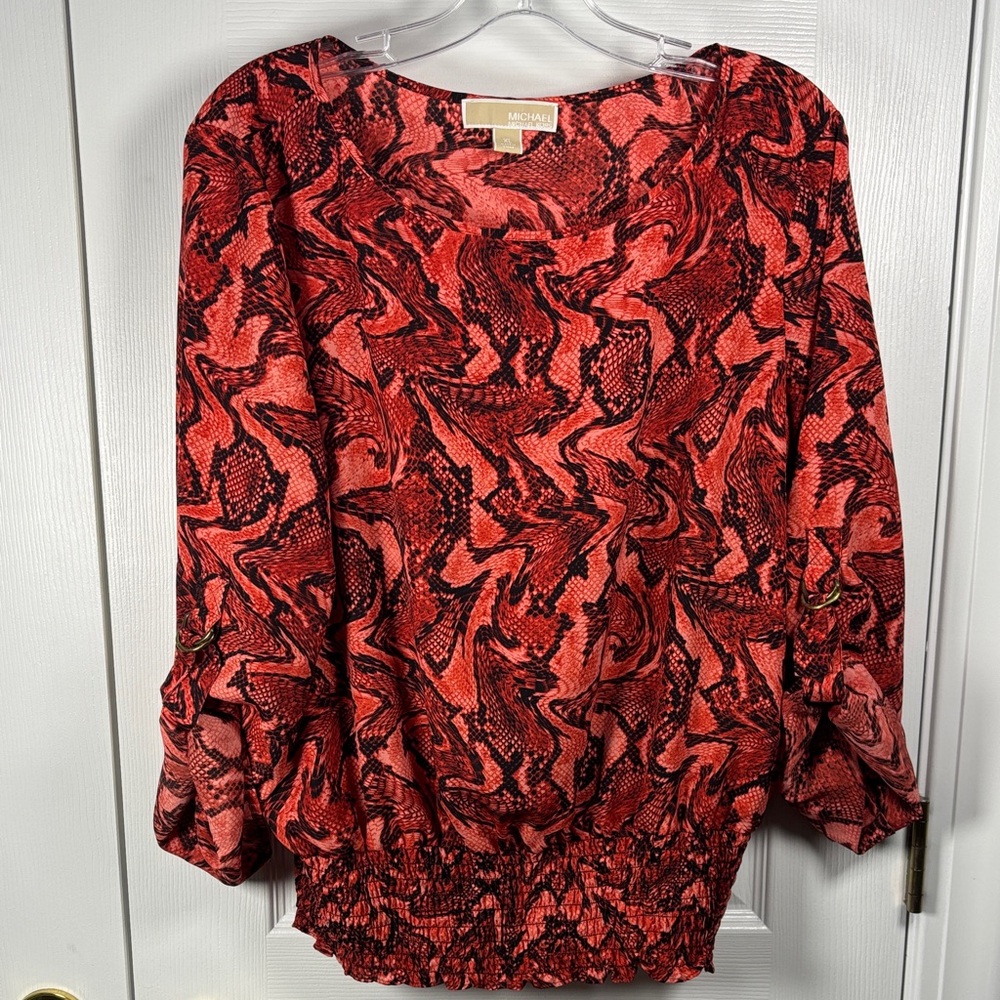 MICHAEL KORS Women’s Red Orange Snake Print Top Blouse Roll Tab LS XL